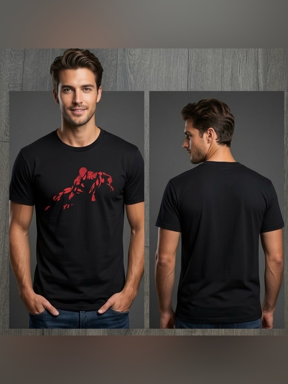 Marvel Spider-Man Black Graphic T-Shirt Red Hero Outline Casual Streetwear Tee